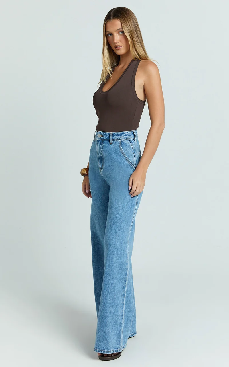 Therese Jeans - High Waist Wide Leg Flare Recycled Denim Jeans in Light Mid