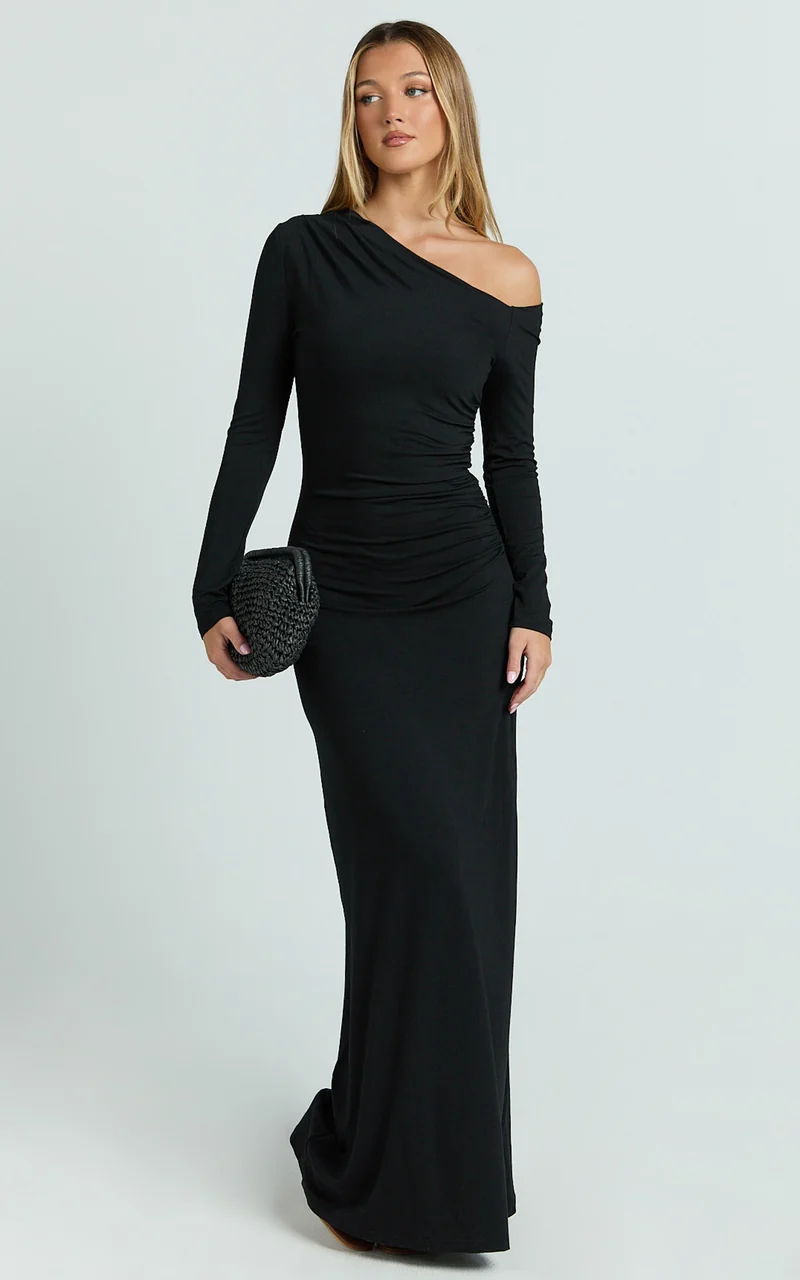 Milly Maxi Dress - Asymmetrical Off Shoulder Long Sleeve Side Ruching Maxi Dress in Black
