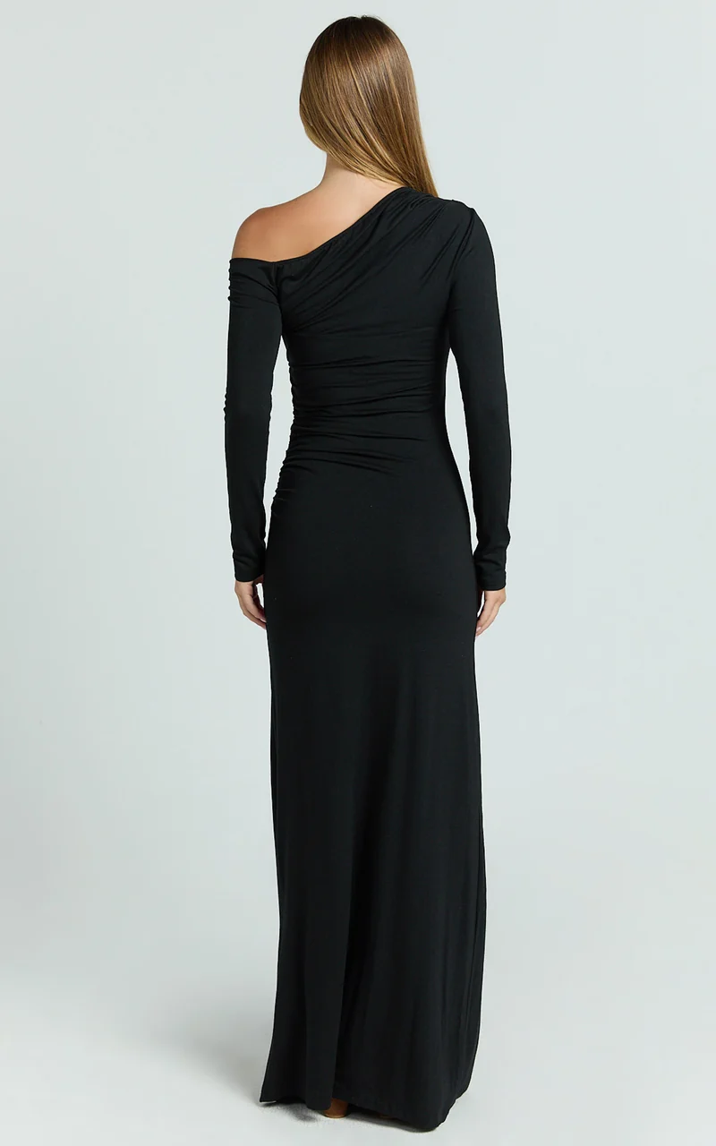 Milly Maxi Dress - Asymmetrical Off Shoulder Long Sleeve Side Ruching Maxi Dress in Black