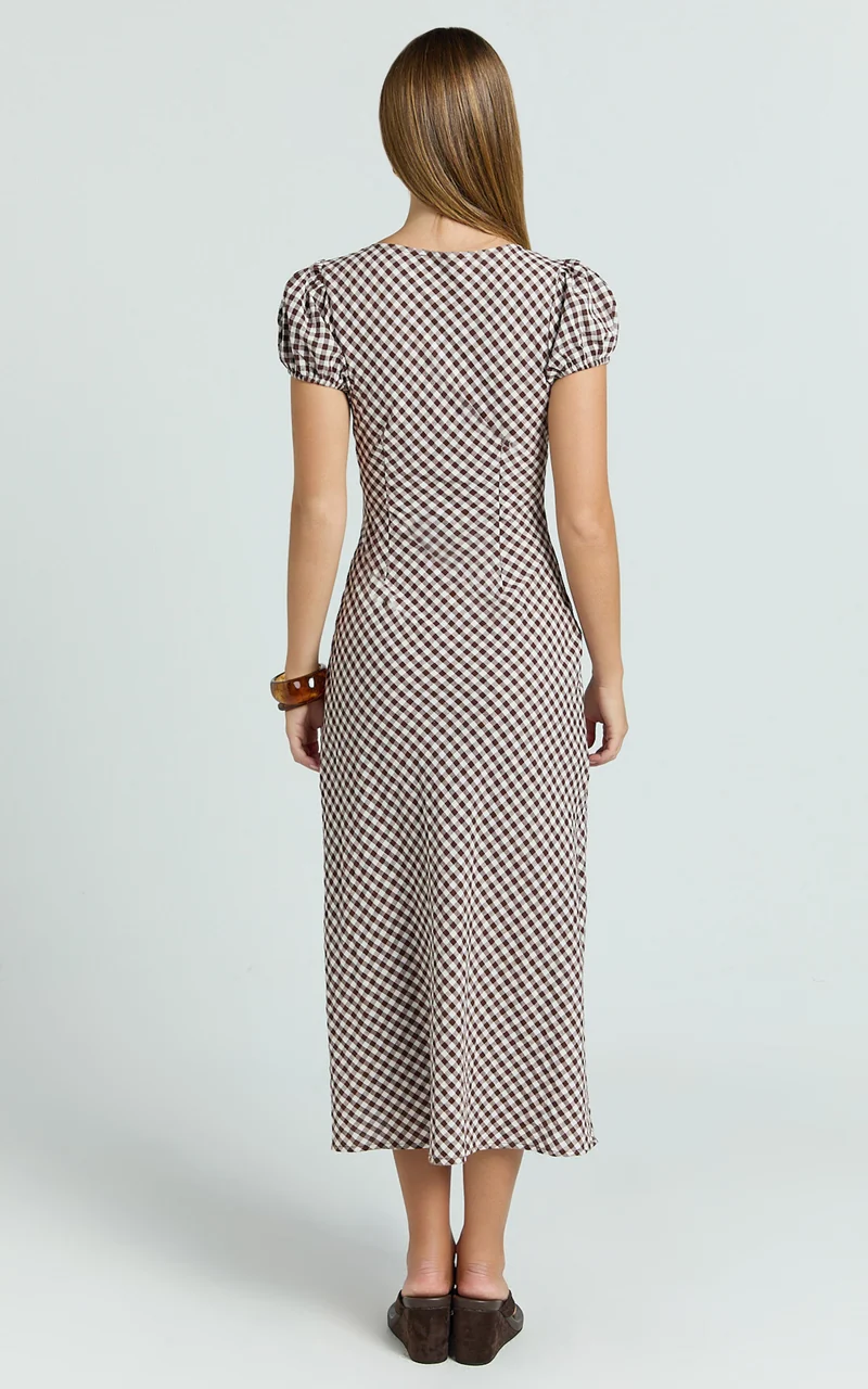 Bernice Midi Dress - Gingham Scoop Neck A Line Dress in Chocolate Gingham
