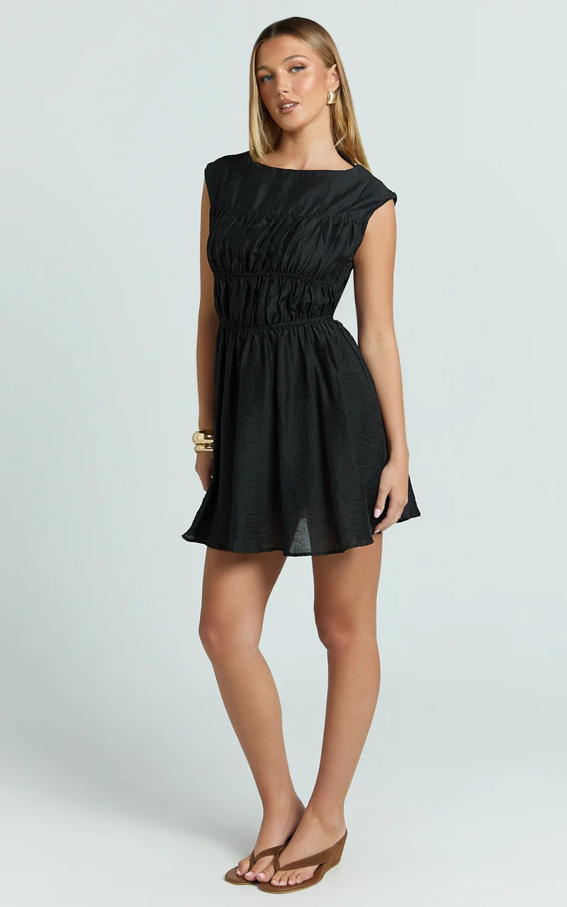 Faith Mini Dress - Sleeveless Ruched Bodice Dress in Black