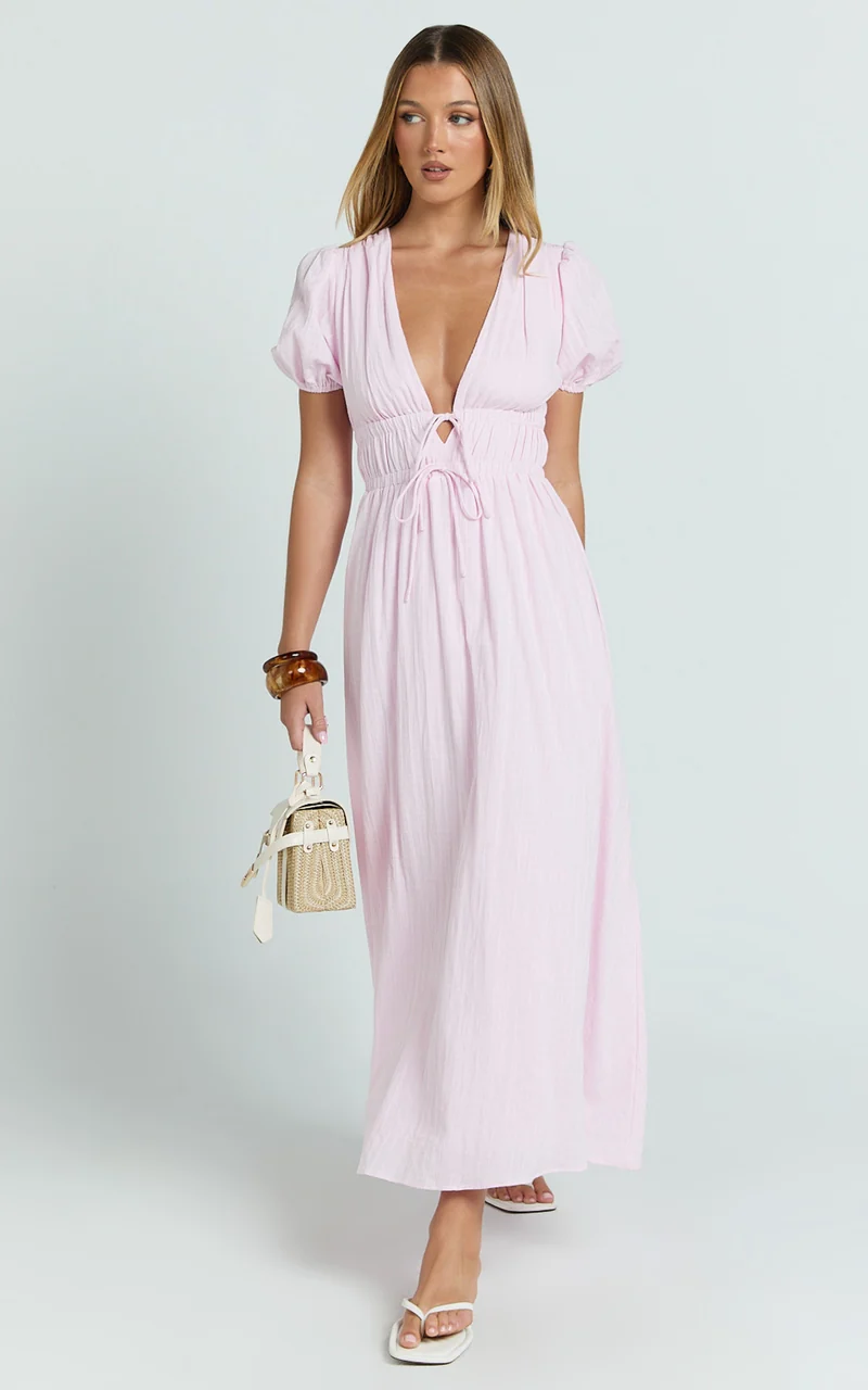 Matteo Midi Dress - Deep V Neck Puff Sleeve Dress in Pink