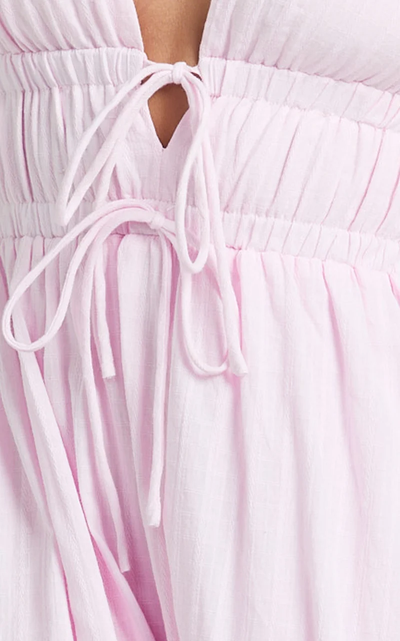 Matteo Midi Dress - Deep V Neck Puff Sleeve Dress in Pink