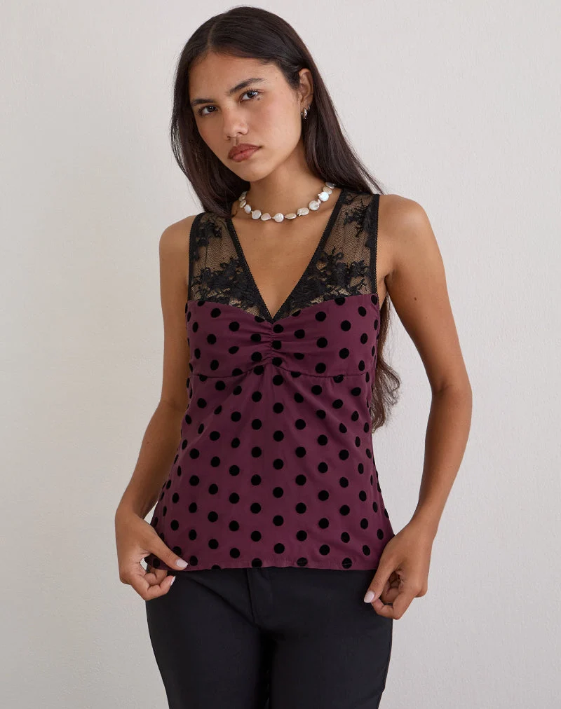 Haut à col en V Kasia, motif pois vintage marron
