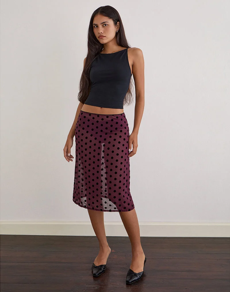 Jupe midi sans doublure Evani à pois vintage marron