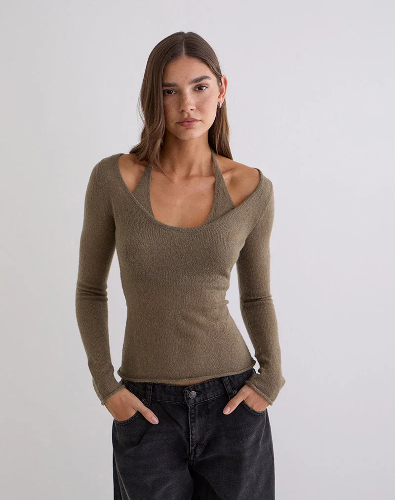Haut à manches longues Misora en maille transparente couleur taupe