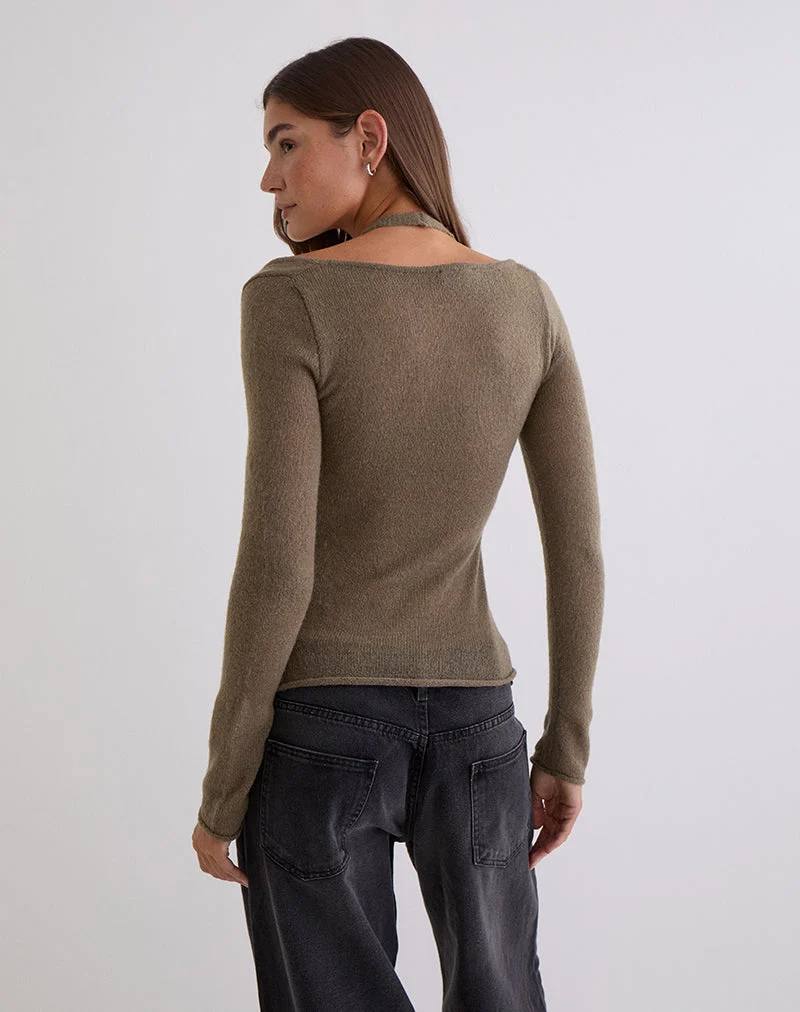 Haut à manches longues Misora en maille transparente couleur taupe