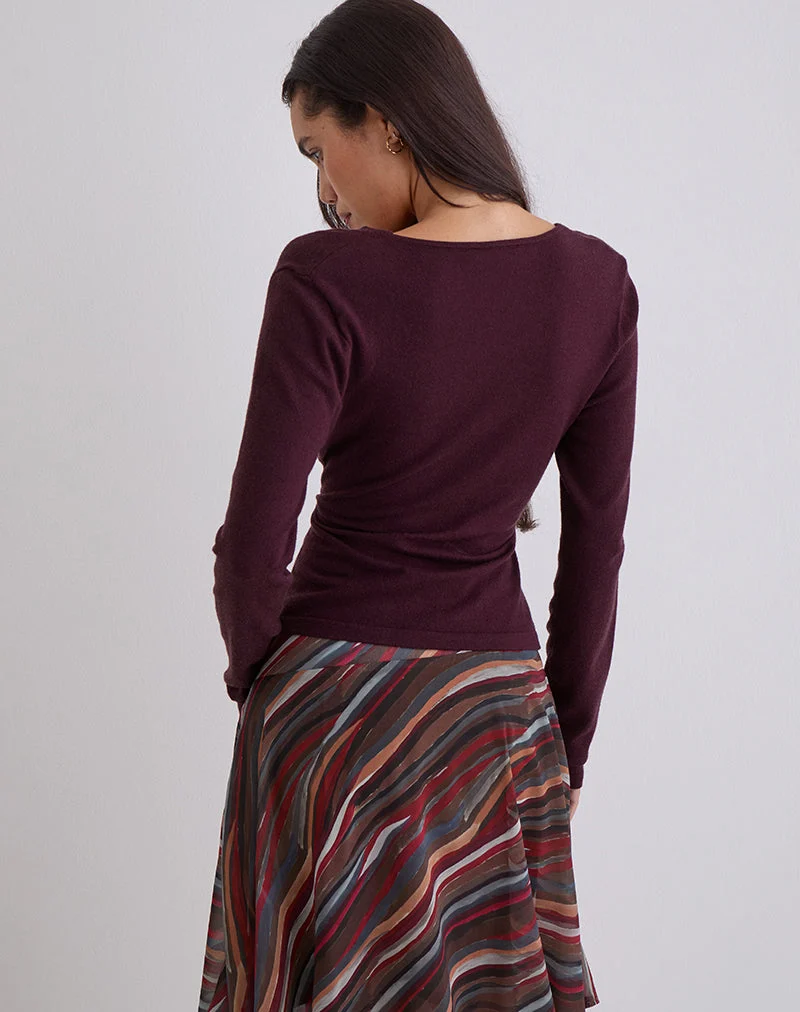 Haut à manches longues torsadé Yenari en tricot prune
