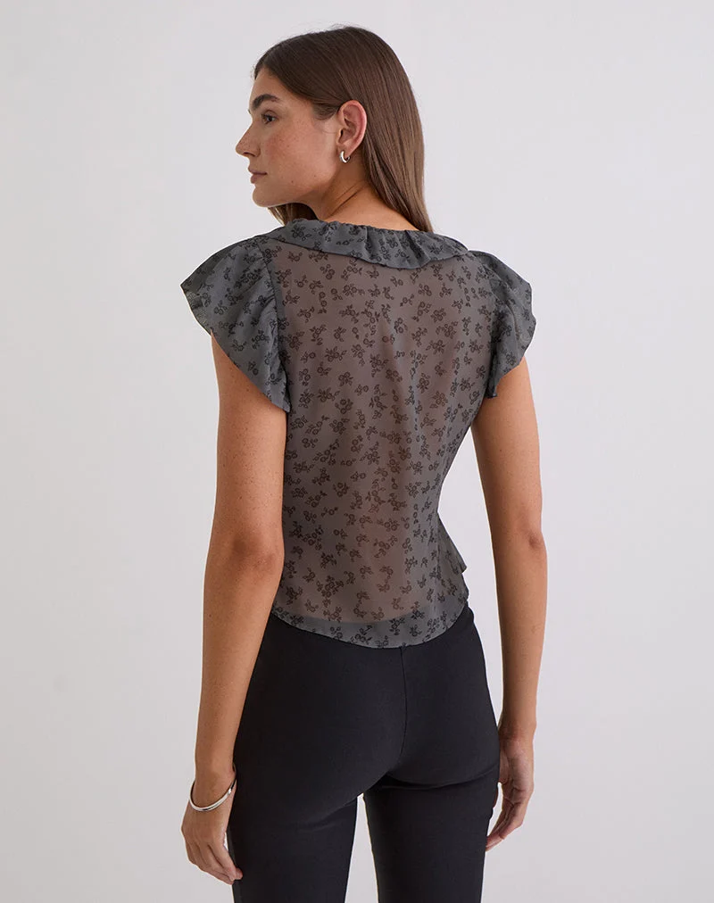 Haut Paquita en mousseline à fleurs minimalistes gris foncé