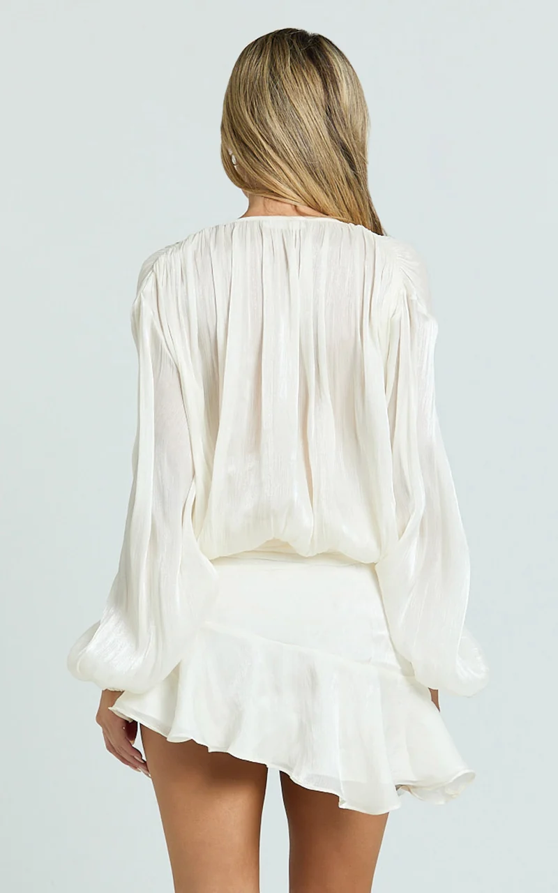 Carmela Mini Dress - Long Sleeve Tie Neck Ruffle Skirt Dress in Off White