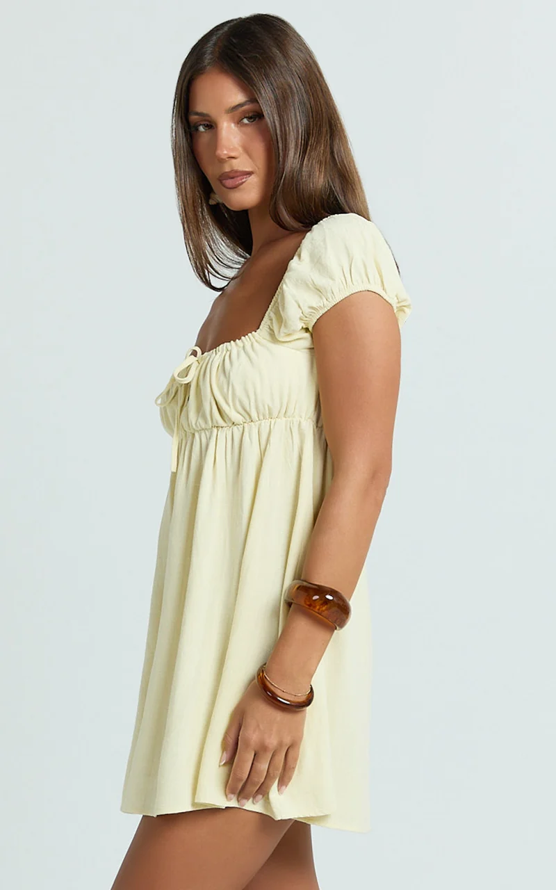 Brooks Mini Dress - Puff Sleeve Front Tie Babydoll Dress in Lemon
