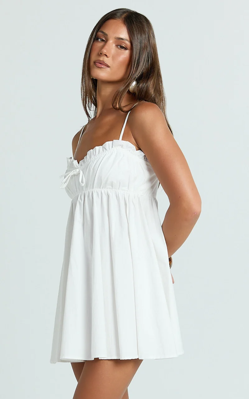 Augustine Mini Dress - Strappy Frill Babydoll Mini Dress in Off White
