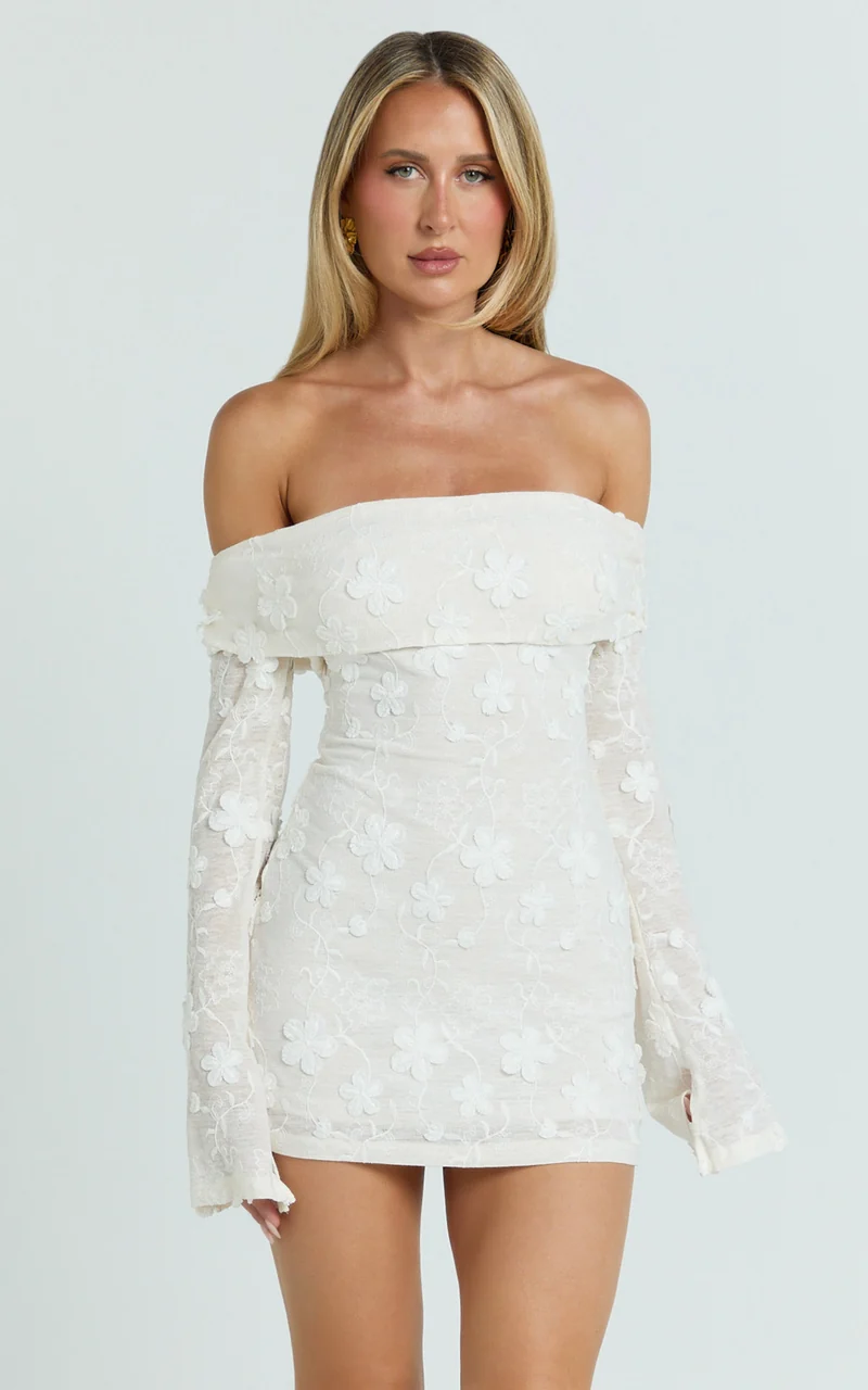 Raymond Mini Dress - Off Shoulder Long Sleeve Fitted Dress in Ivory