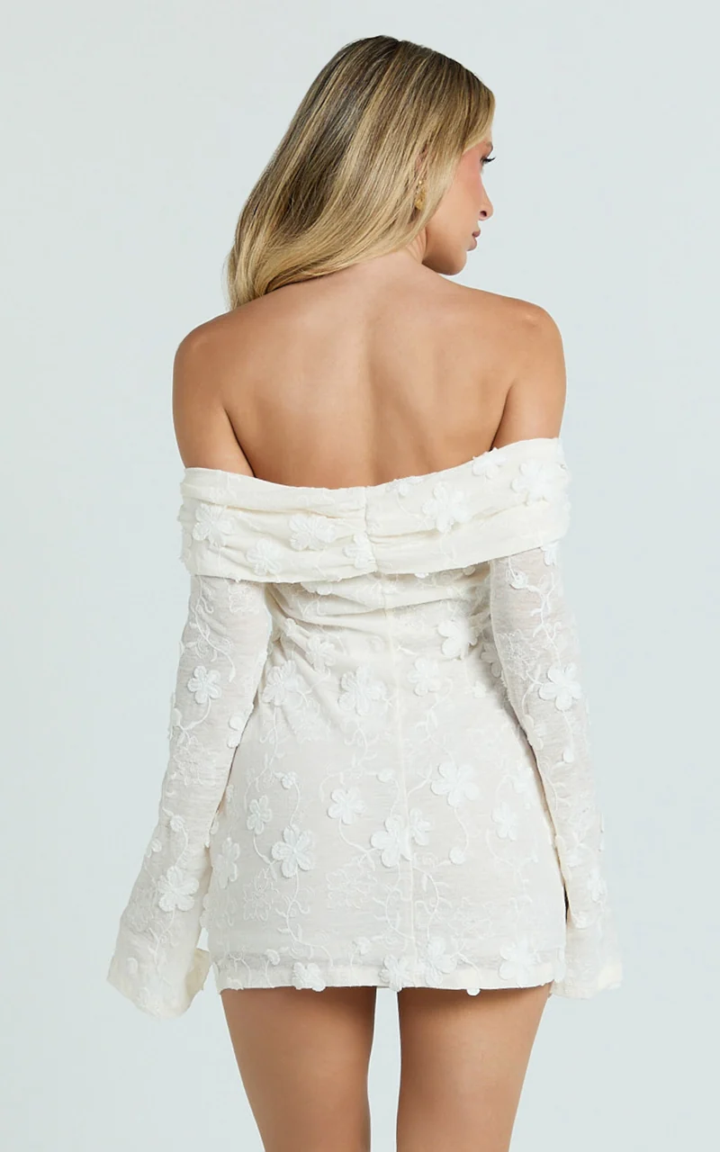 Raymond Mini Dress - Off Shoulder Long Sleeve Fitted Dress in Ivory