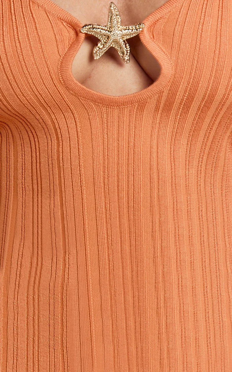 Simona Mini Dress - Texture Stripe Knit Long Sleeve V Neck Metal Trim Dress in Orange
