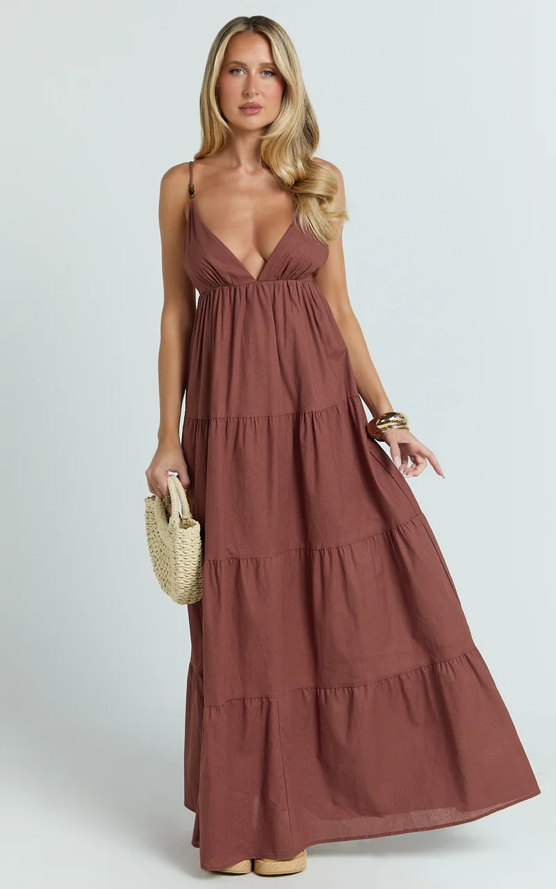 Eugene Maxi Dress - Beaded Strap Tiered Maxi Dress in Brown