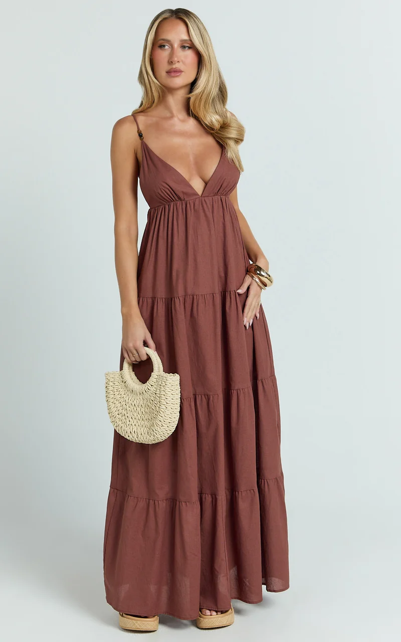 Eugene Maxi Dress - Beaded Strap Tiered Maxi Dress in Brown