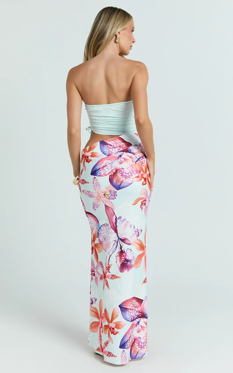 Fergie Maxi Dress - Strapless Side Ruched Cut Out Fitted Dress in Ocean Orchid