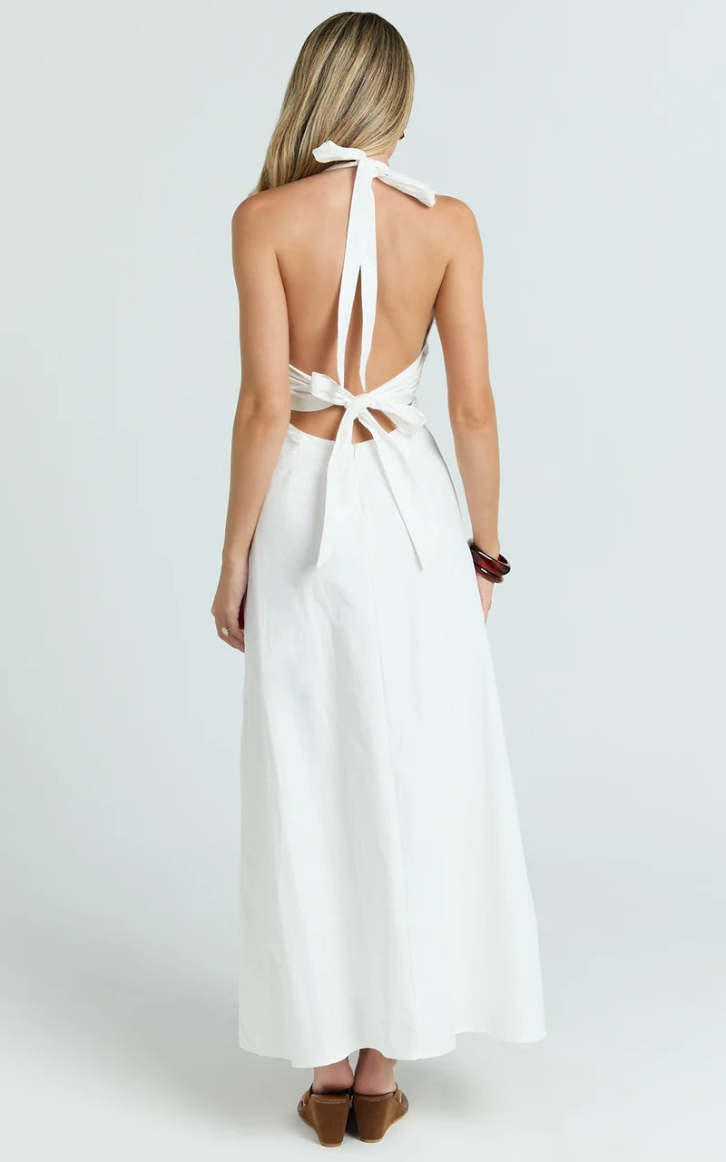 Connor Midi Dress - Halter Neck Tie Back Dress in White