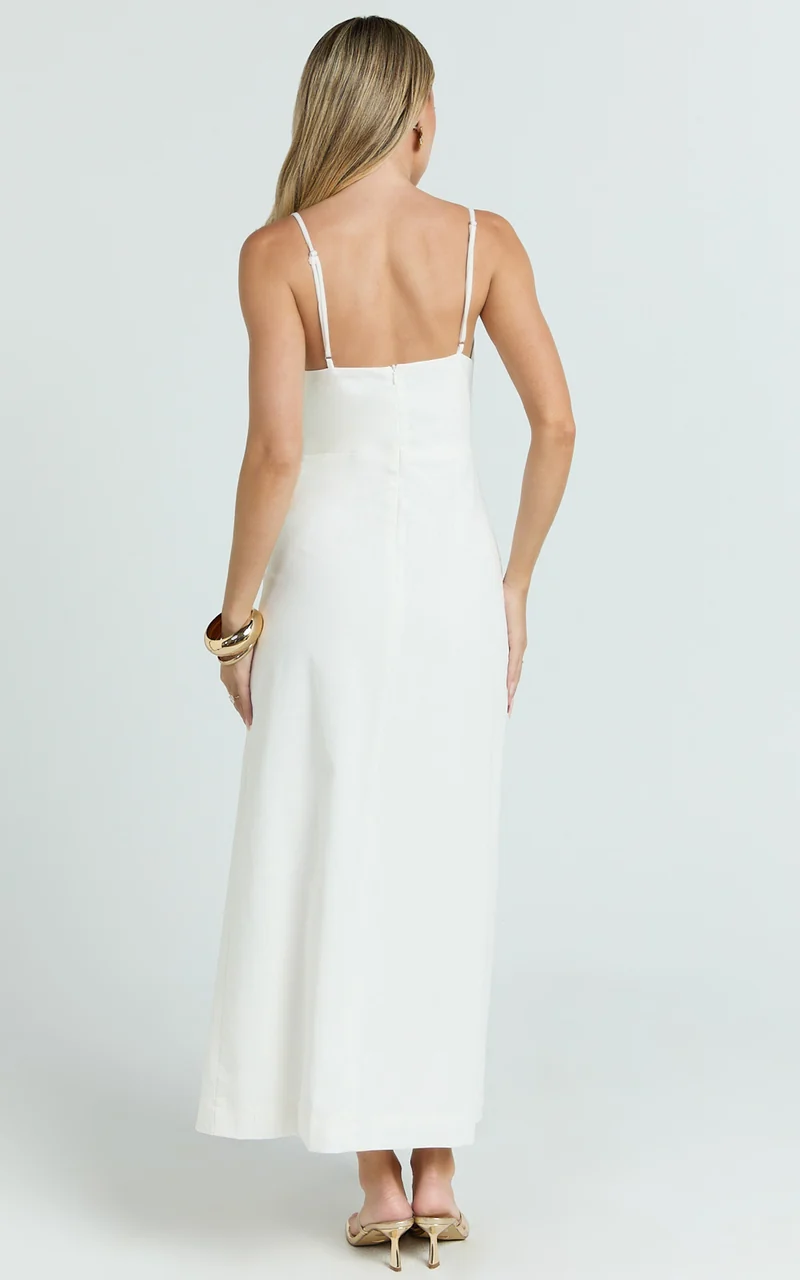 Estelle Midi Dress - Beaded Scallop Neck Split Leg Dress in Off White