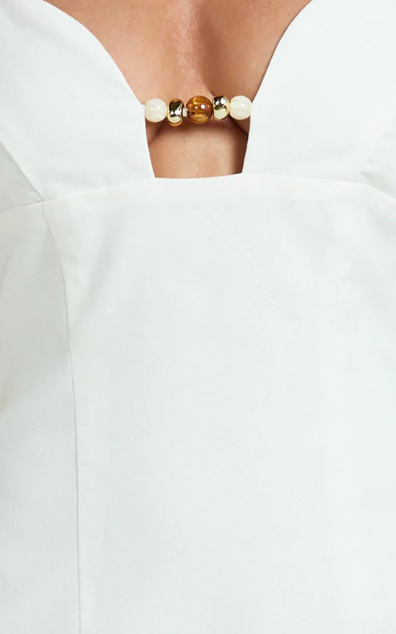 Estelle Midi Dress - Beaded Scallop Neck Split Leg Dress in Off White