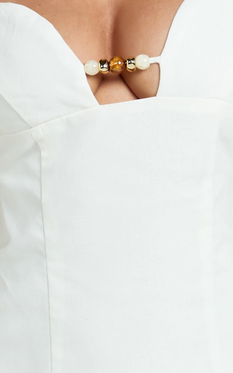 Estelle Mini Dress - Beaded Scallop Neck Dress in Off White