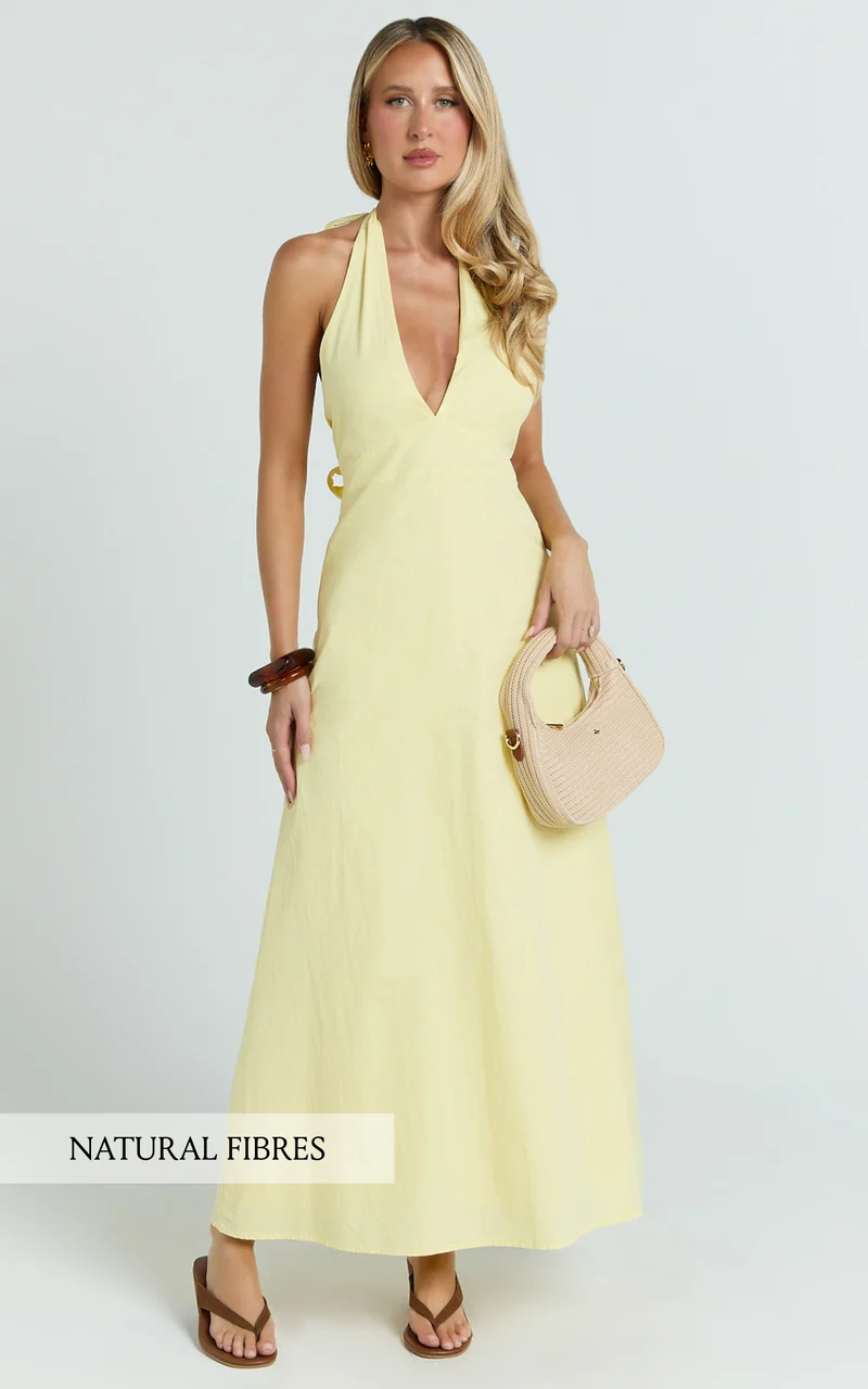 Connor Midi Dress - Halter Neck Tie Back Dress in Lemon