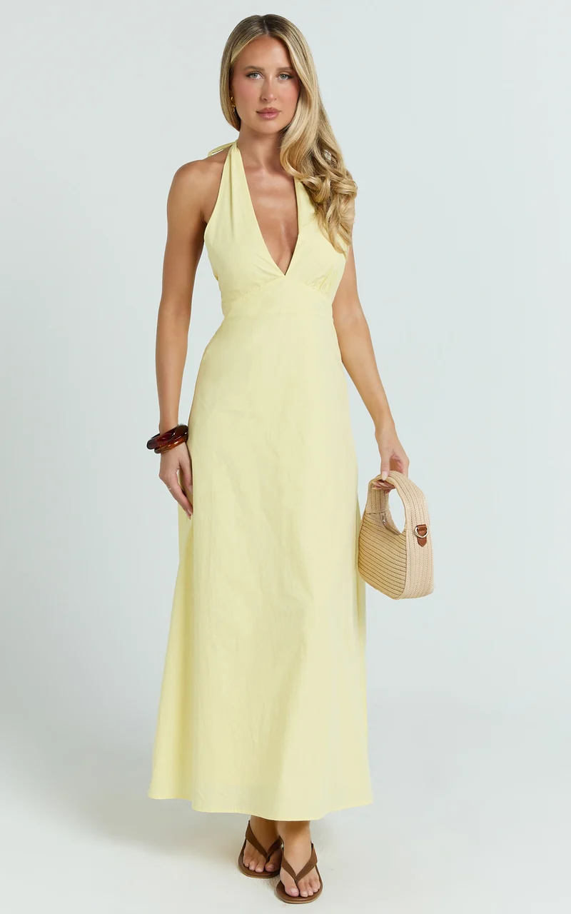 Connor Midi Dress - Halter Neck Tie Back Dress in Lemon