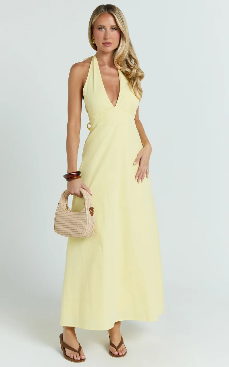 Connor Midi Dress - Halter Neck Tie Back Dress in Lemon
