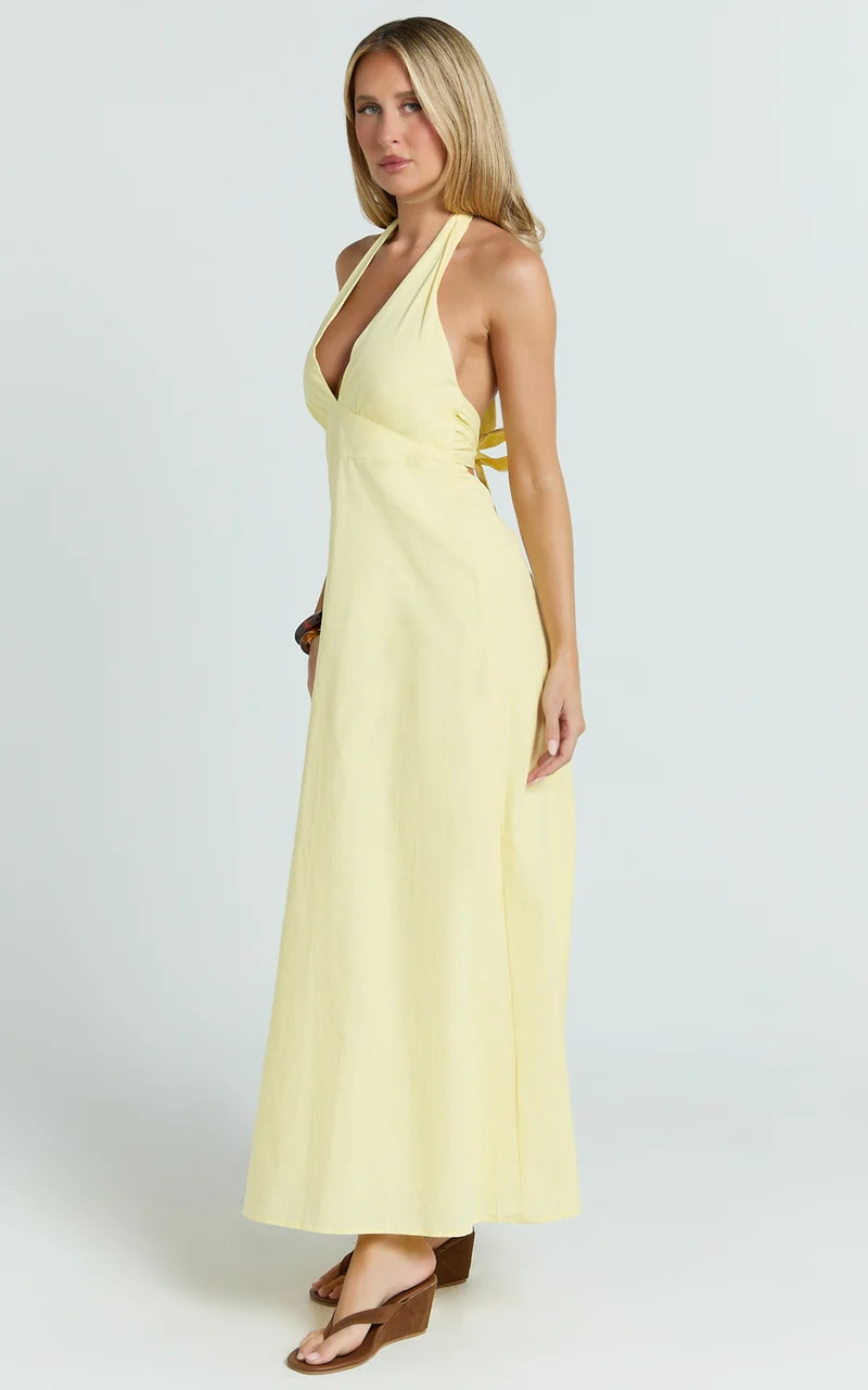 Connor Midi Dress - Halter Neck Tie Back Dress in Lemon