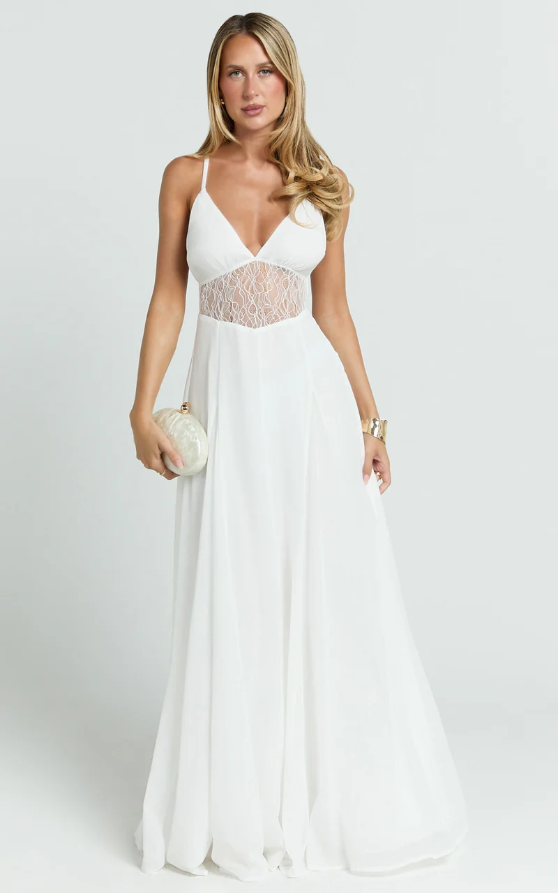 Ysolde Maxi Dress - V Neck Low Back Fit And Flare Dress in White