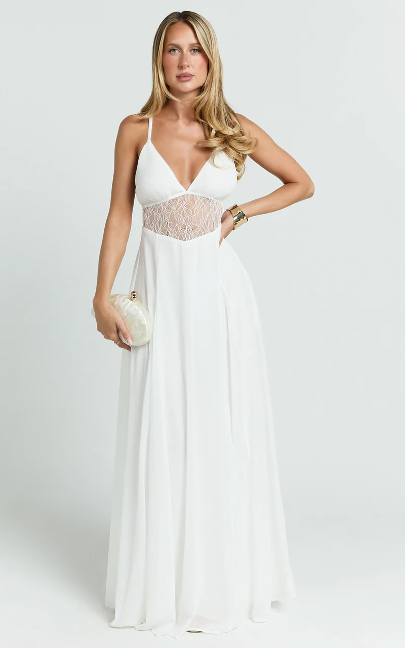 Ysolde Maxi Dress - V Neck Low Back Fit And Flare Dress in White
