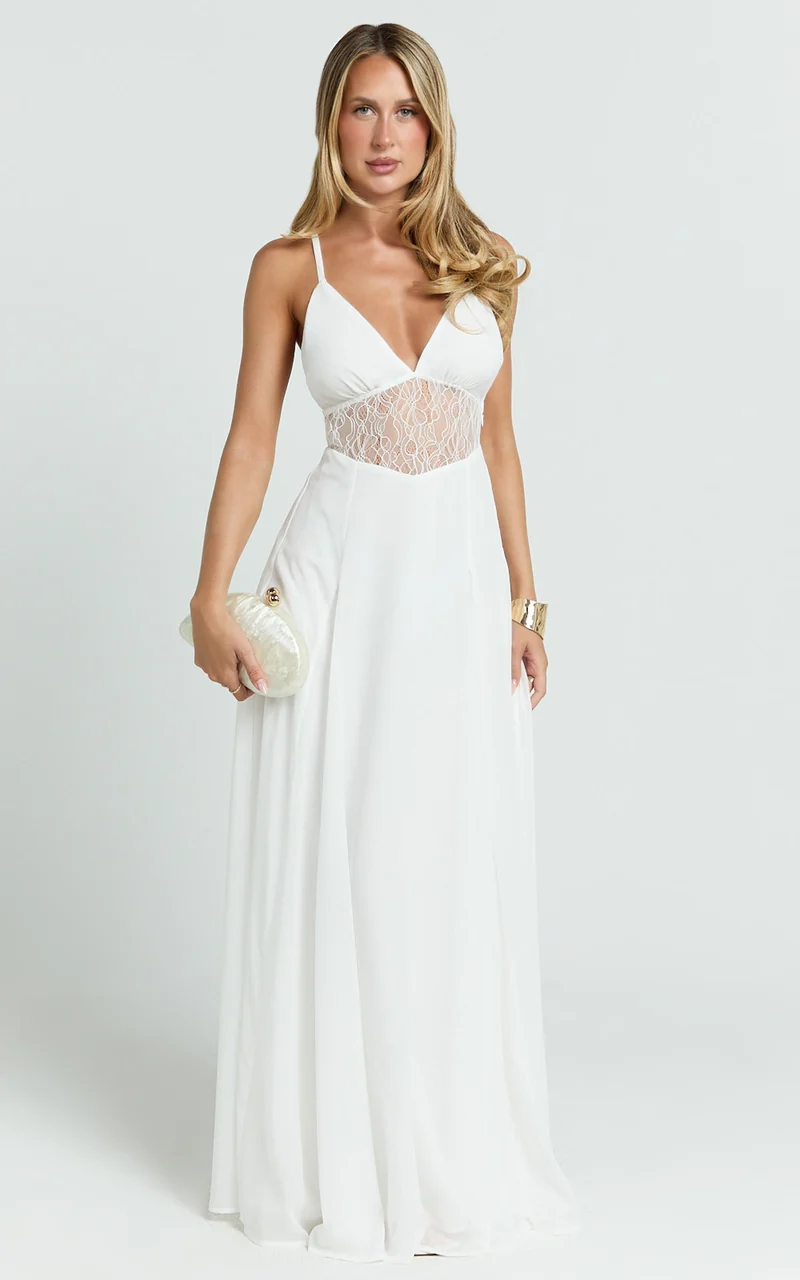 Ysolde Maxi Dress - V Neck Low Back Fit And Flare Dress in White