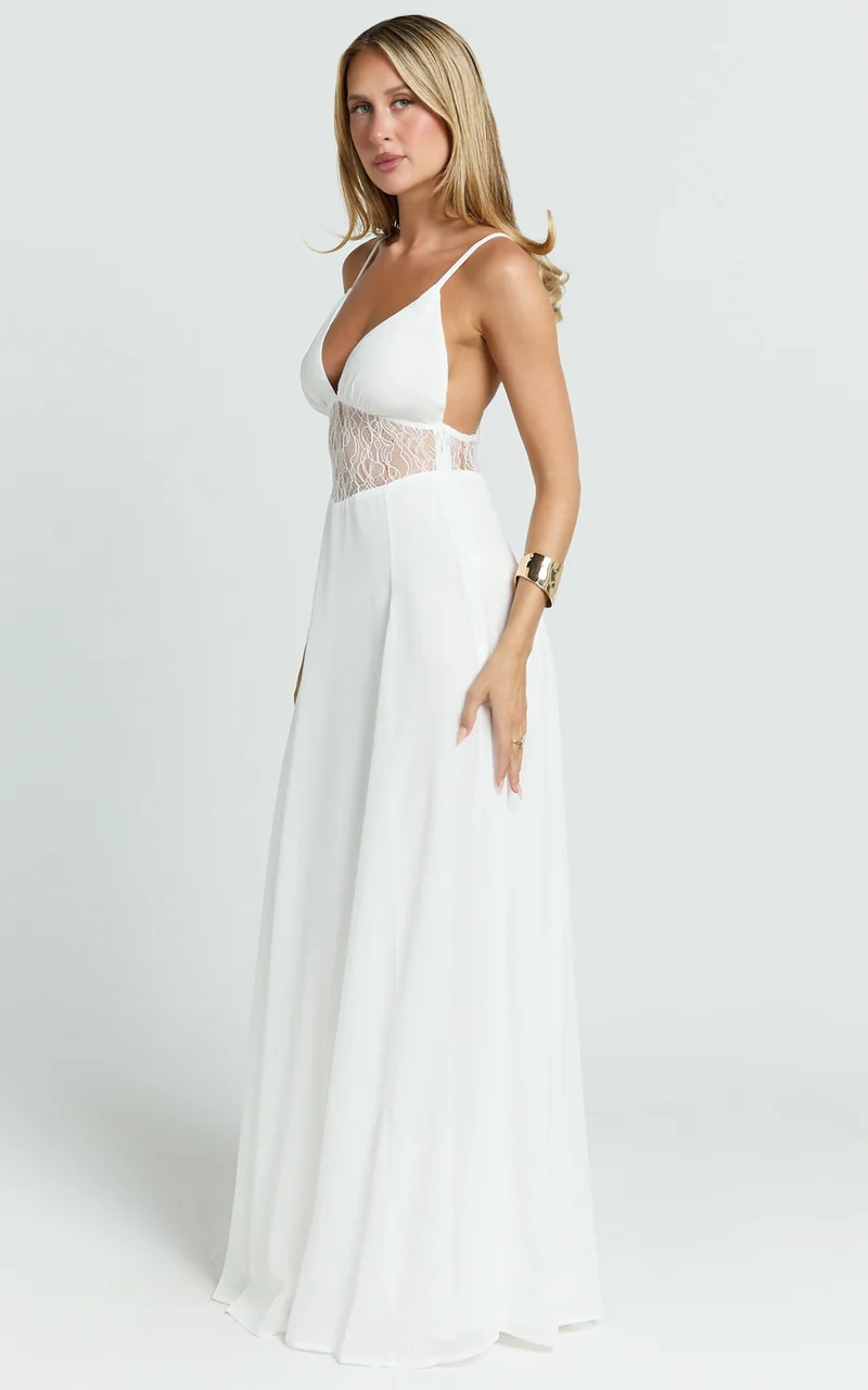 Ysolde Maxi Dress - V Neck Low Back Fit And Flare Dress in White