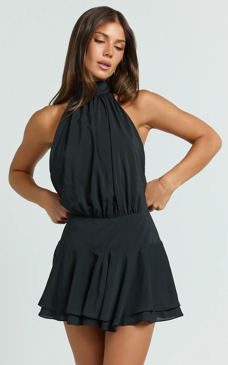 Bryonie Mini Dress - Backless Halter Dress in Black