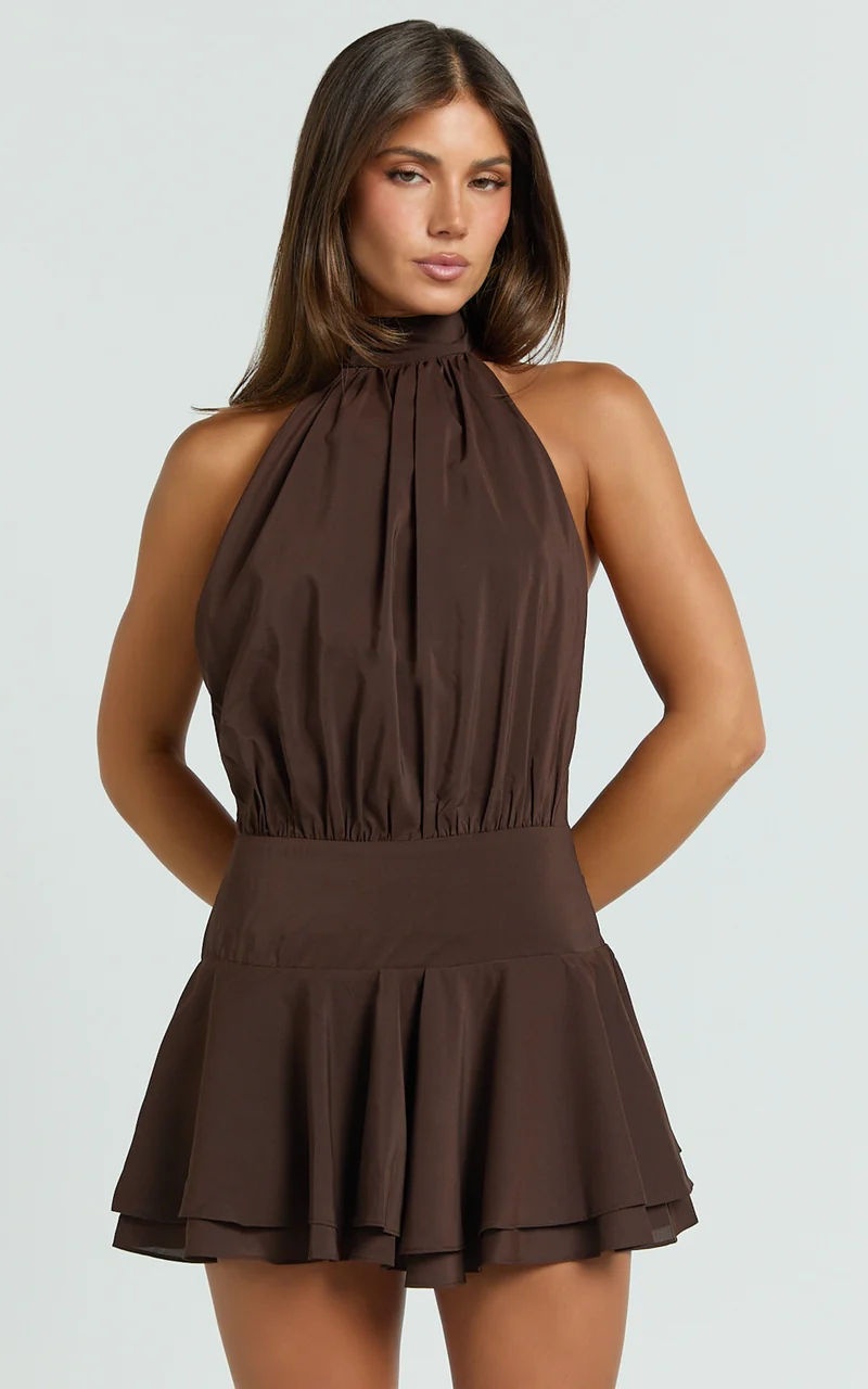 Bryonie Mini Dress - Backless Halter Dress in Chocolate