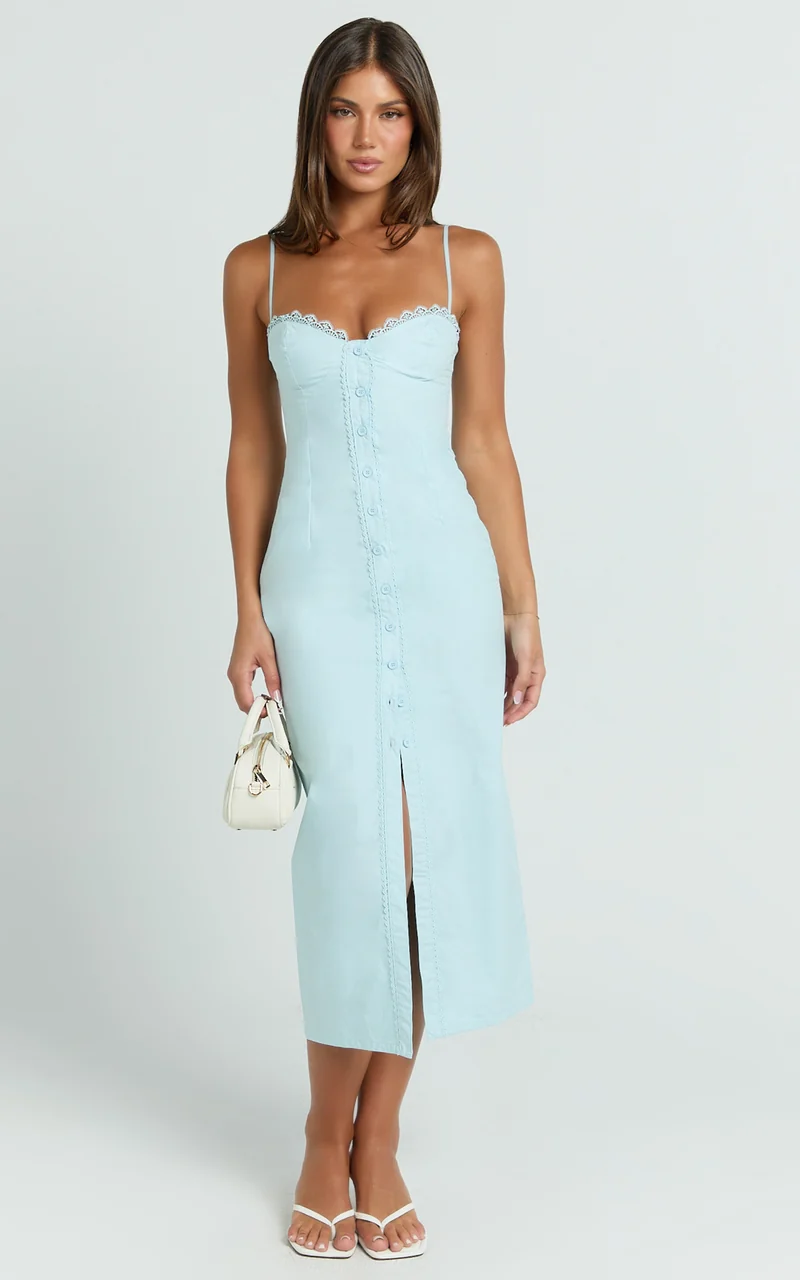 Anessa Midi Dress - Button Front Bustier Fitted Dress in Blue