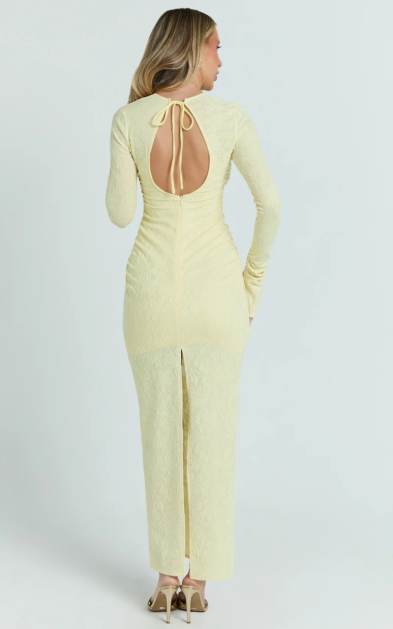 Kayrene Midi Dress - Long Sleeve Bodycon Dress in Butter Yellow