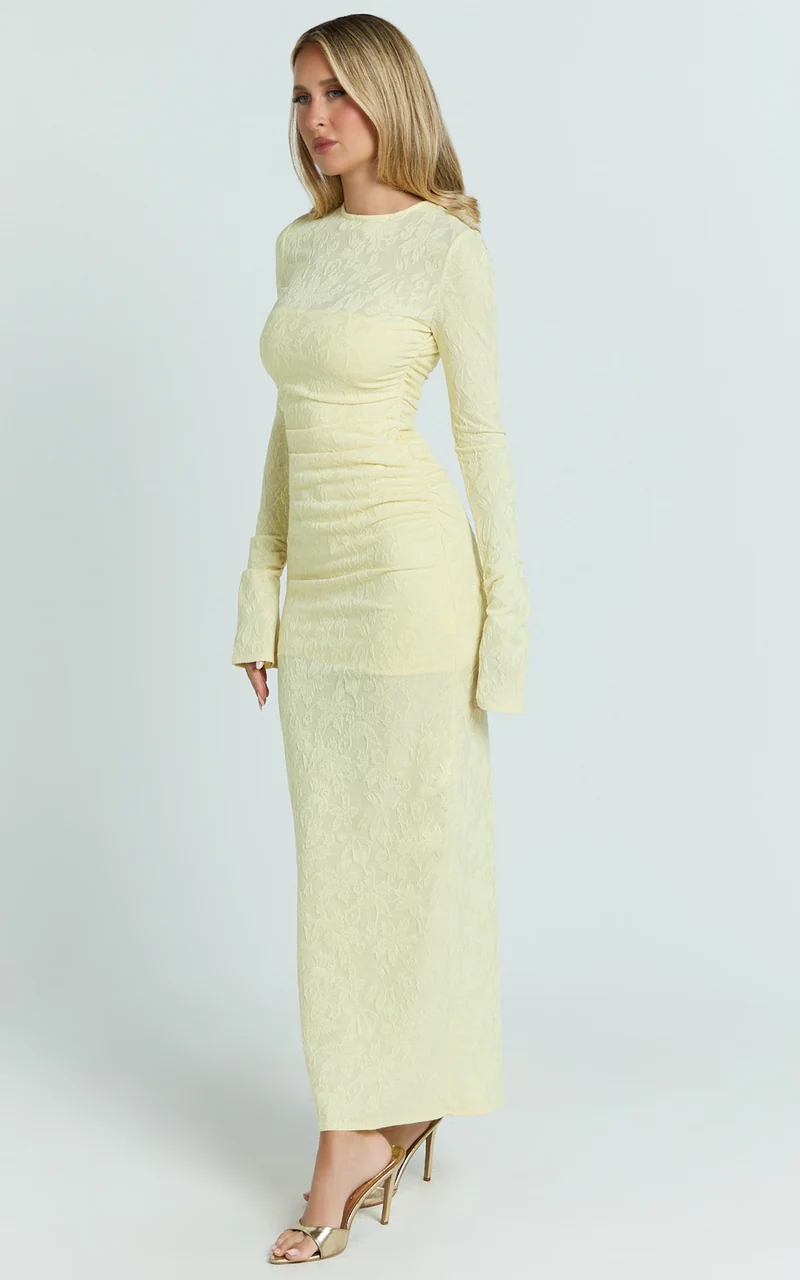 Kayrene Midi Dress - Long Sleeve Bodycon Dress in Butter Yellow
