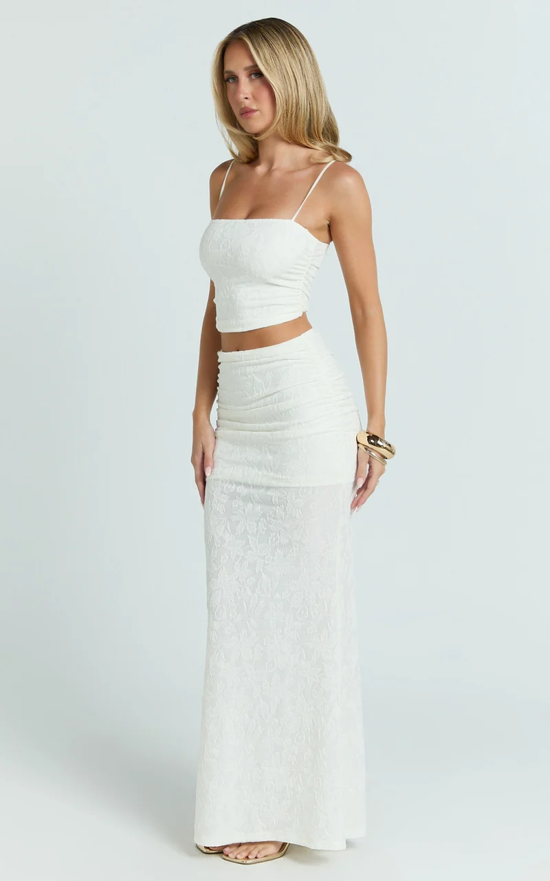 Kayrene Two Piece Top and Skirt Set - Straight Neck Top And Ruched Low Rise Maxi Skirt in Cream