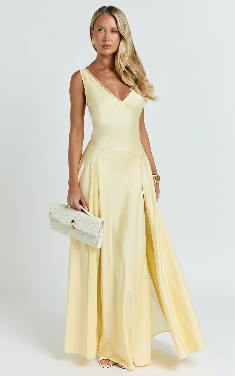 Darlene Maxi Dress - Lace Trim Drop Waist Dress in Lemon