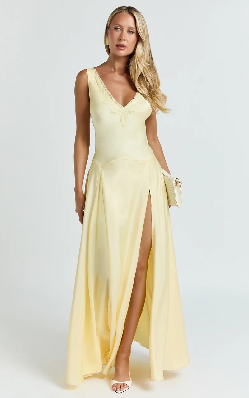 Darlene Maxi Dress - Lace Trim Drop Waist Dress in Lemon