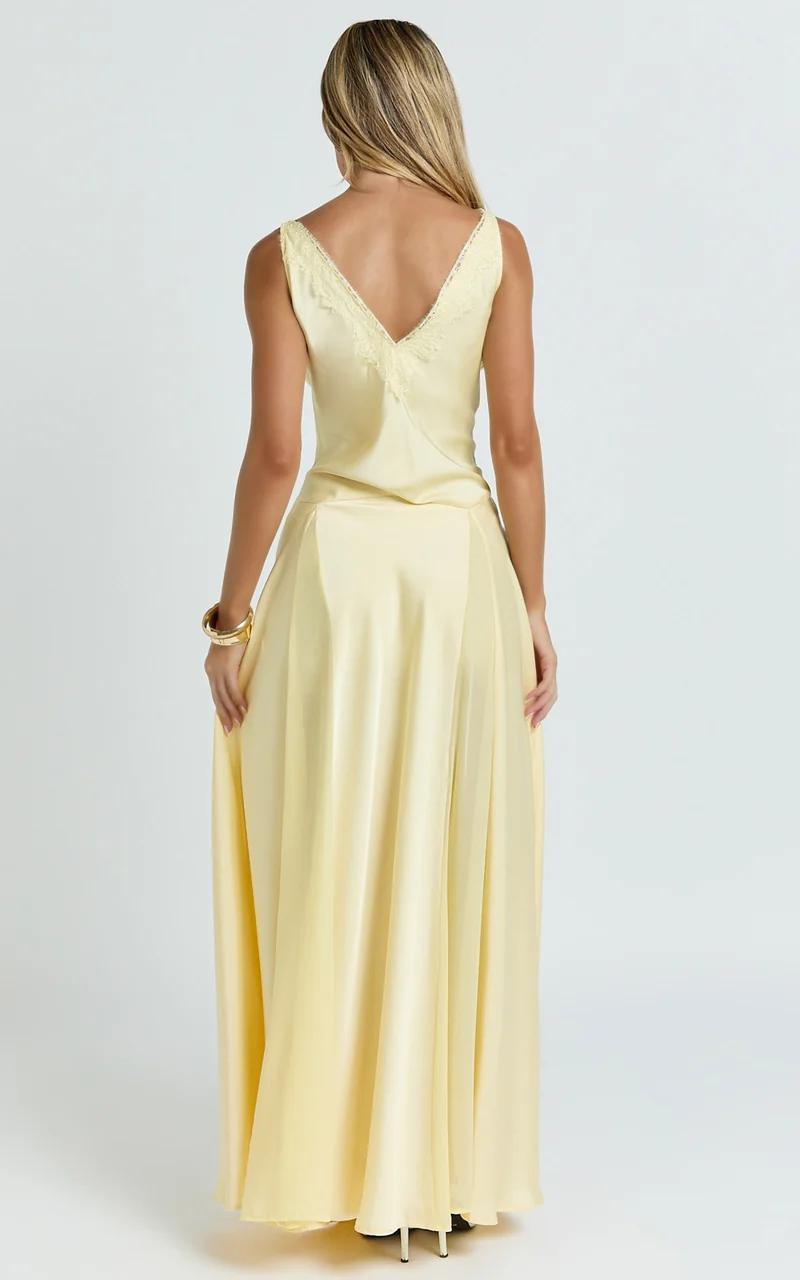 Darlene Maxi Dress - Lace Trim Drop Waist Dress in Lemon