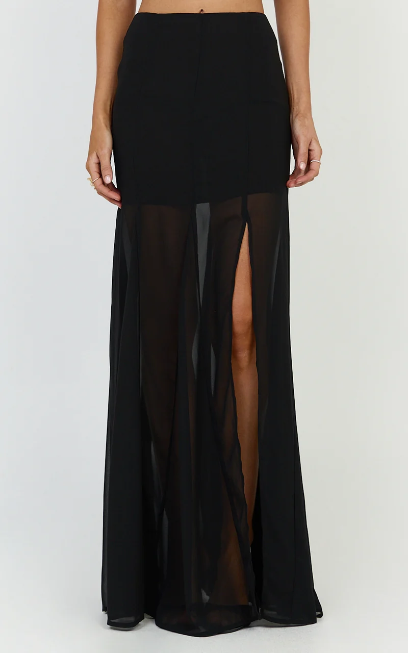 Hudgens Maxi Skirt - Georgette Godet Panel Skirt in Black