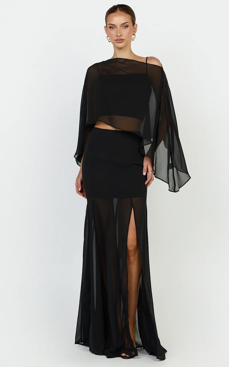 Hudgens Maxi Skirt - Georgette Godet Panel Skirt in Black