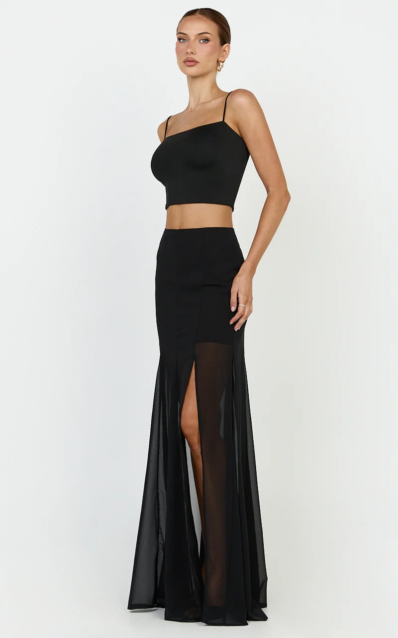 Hudgens Maxi Skirt - Georgette Godet Panel Skirt in Black