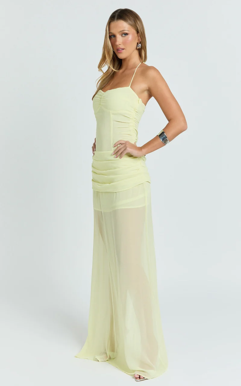 Hudgens Maxi Dress - Georgette Halter Draped Skirt Dress in Lemon