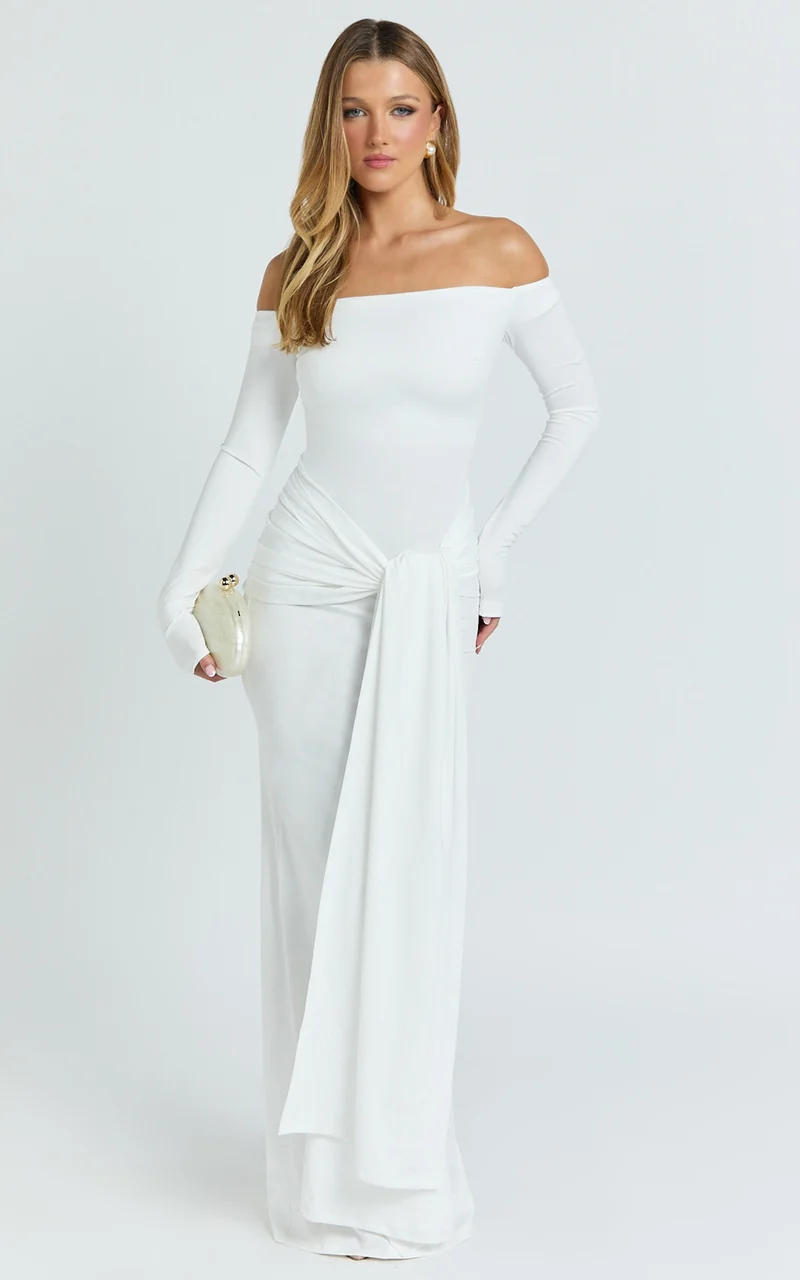 Judith Maxi Dress - Boat Neck Backless Tie Front Long Sleeve Jersey Dress in Cream