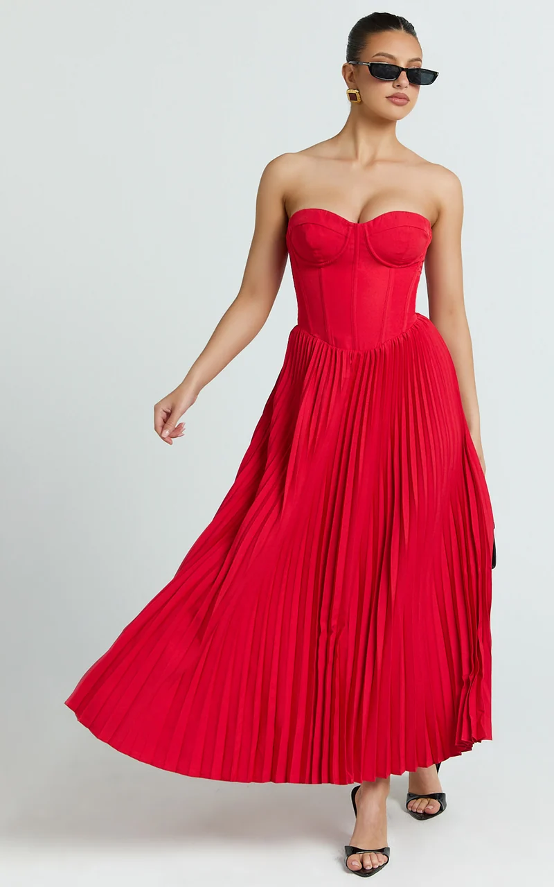 Loretta Midi Dress - Lace Up Back Bustier Pleated Dress in Red