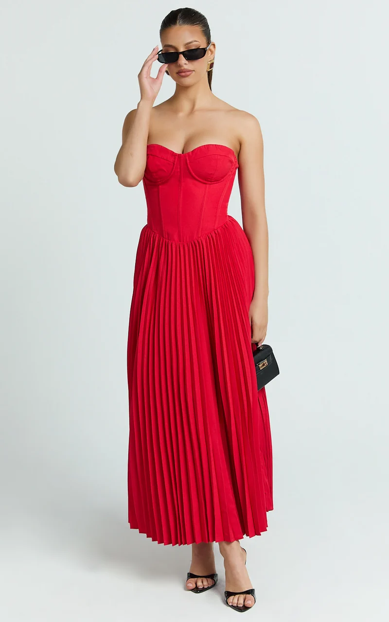 Loretta Midi Dress - Lace Up Back Bustier Pleated Dress in Red